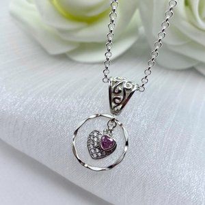 Pave Heart Necklace Sterling Silver Pave Heart With Pink CZ Heart